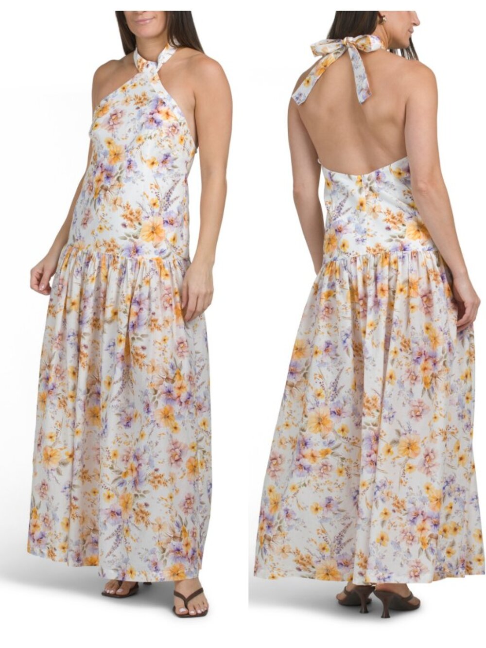 Aqua Blu Lilas Tie Halter Floral Silk/cotton Maxi Dress
